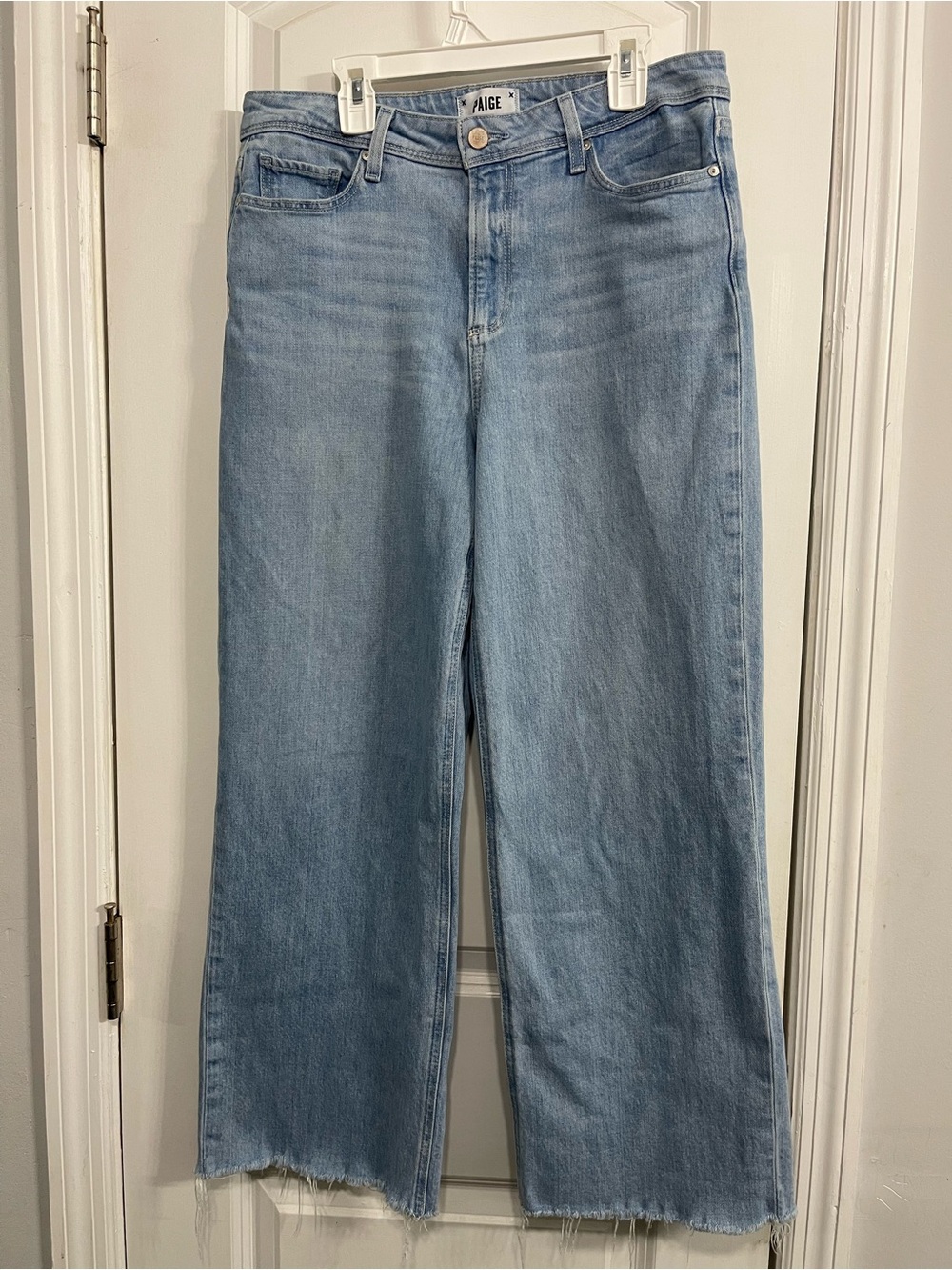 PAIGE Nellie Light Blue Wide-Leg Raw Hem Jeans